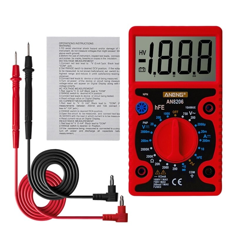 LCD Digital Handheld Multimeter Volt and Diode Freguency High-precision Large Screen Multitester Current Tester: red