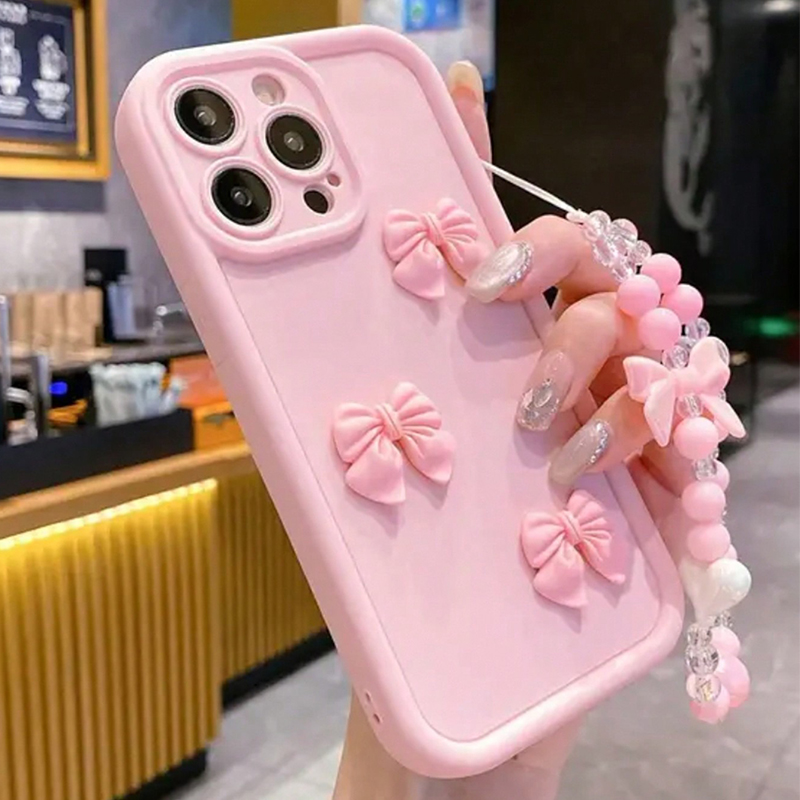 Bonita funda de teléfono de silicona con lazo 3D para iPhone 11 12 13 14 15 16 Pro Max 16E X XS XR 7 8 Plus, cubierta de cuerda colgante con cordón de lazo