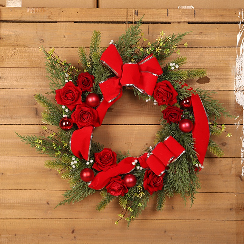 Couronne de pin artificielle avec Rose rouge, ruban rouge pour porte d&#39;entrée, fenêtre murale, maison, décoration de noël