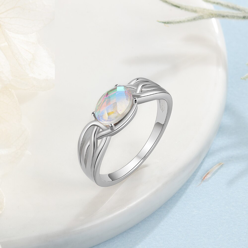 Jewelora Echt 925 Sterling Zilveren Regenboog Maansteen Ring Met Zirkoon Corss Zilver 925 Wedding Band Ring Voor Vrouwen Fijne Sieraden