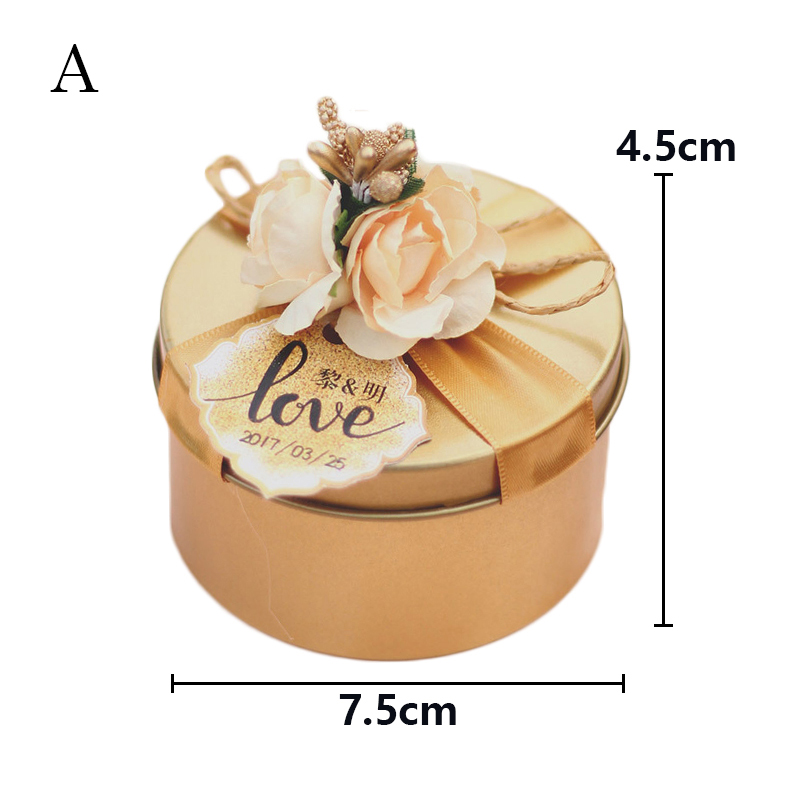 Golden Red Empty Tin Box Metal Tin Jars Wedding Candy Storage Boxes With Ribbon Flower Wedding Party Supplies: A