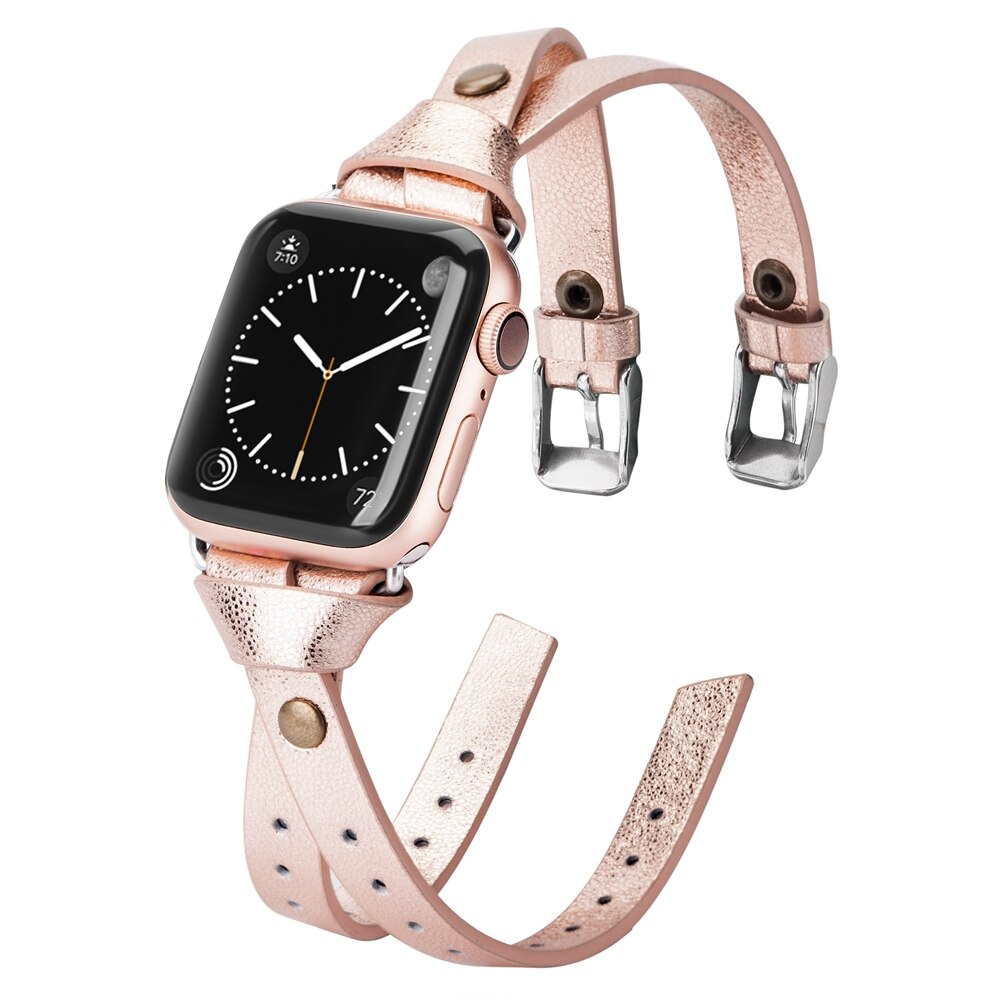 Toyouths dobbel skinnrem for apple watch serie 5 4 3 2 1 stropp for iwatch chic kvinner menn skinn 38mm/40mm /42mm/44mm: Rose gull / 38mm 40mm