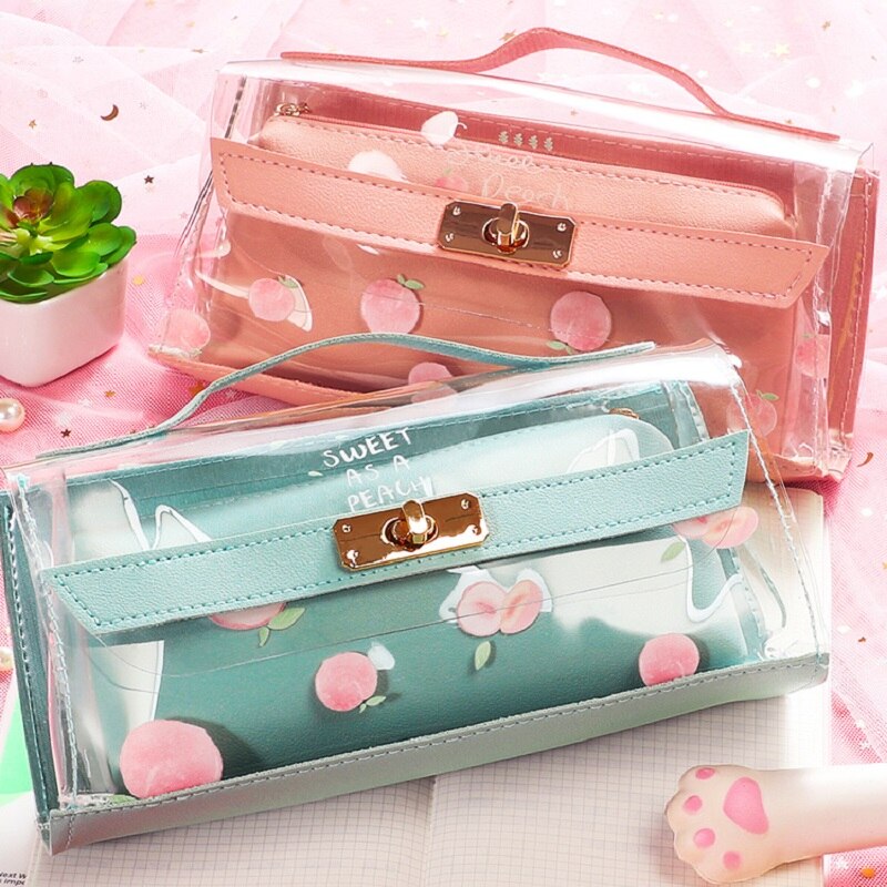 Storage Pen Case Handle Pencil Bag Transparent Pouch School Supplies Stationery Pencil Holder Rulers Organizer Pink Cosmetic Bag