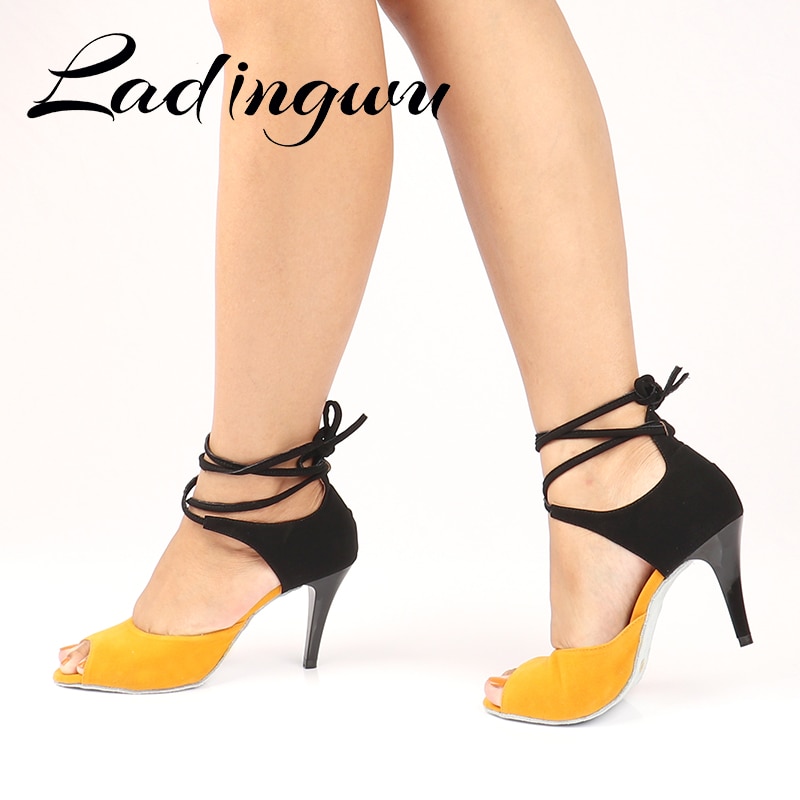 Ladingwu Latin Dance Schuhe Beige Gelb Wildleder Salsa Tanz Schuhe Indoor Sport Tanz Schuhe Berufs Dance Schuhe Metall Ferse 8c