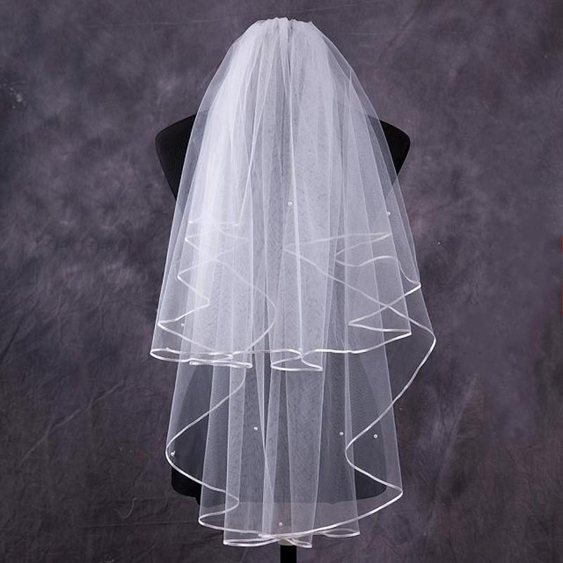 Bryllupsslør brudeslør med kam perler 2 lag hvidt bryllupsslør kort albuelængde mariage tilbehør