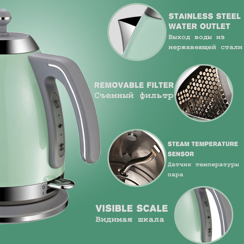 220V Electric Kettle Water Heater Boiler Green Pink 1.7L 1800W BPA-Free Fast Boiling British Strix Thermostat Electric Tea Pot