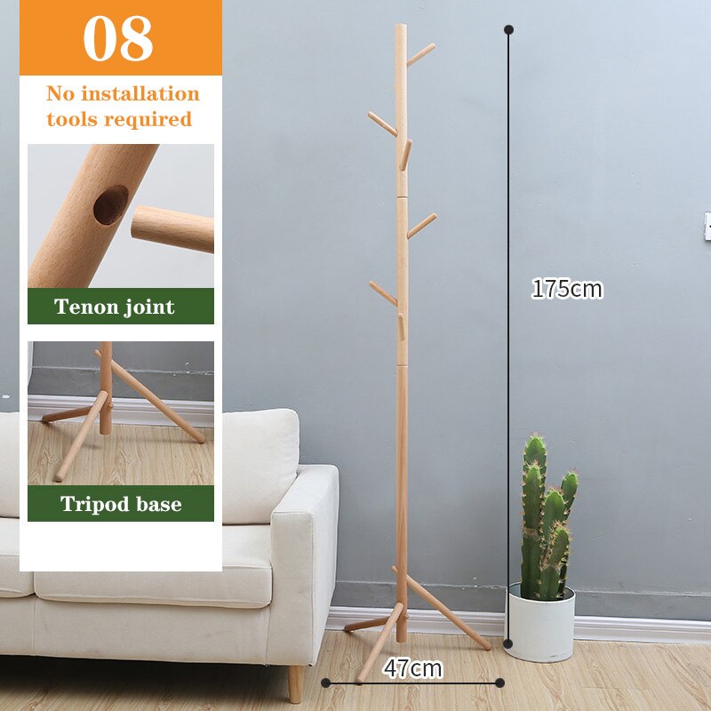 Solid Wood Coat Rack, Floor-to-Ceiling Bedroom Hanger, Single Pole Vertical Clothes Rack, Home Office Simple Hanging: 08
