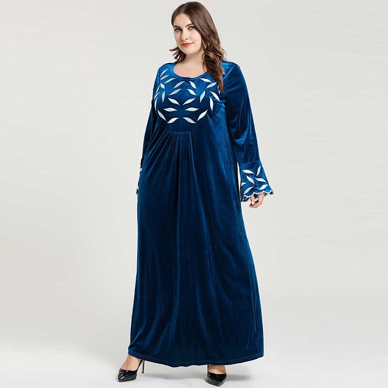 Middle Eastern Dress Islamic Turkey Embroidered Long-Sleeved Round Neck Muslim Big Pen Gold Velvet Dress Arab Dubai