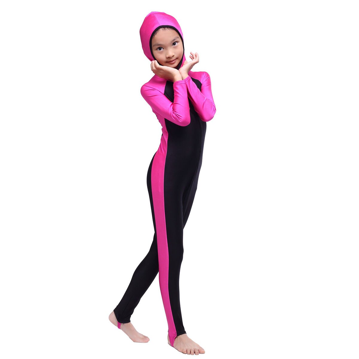 Muslim Swimwears Two-Piece Suits Striped Islamic Children Modest Swimsuits Girls Islam Sport Beach Wear Swimming Diving Burkinis: rose red / M