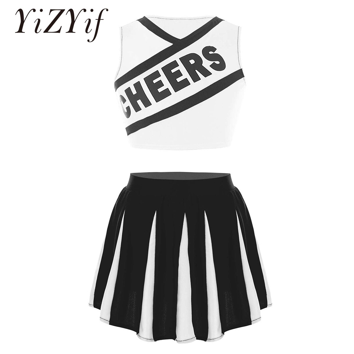 Kids Girls Cheerleading Clothes Set Dance Costume School Uniform V Neck Sleeveless Cheers Print Vest and Pleated Skirt Outfit