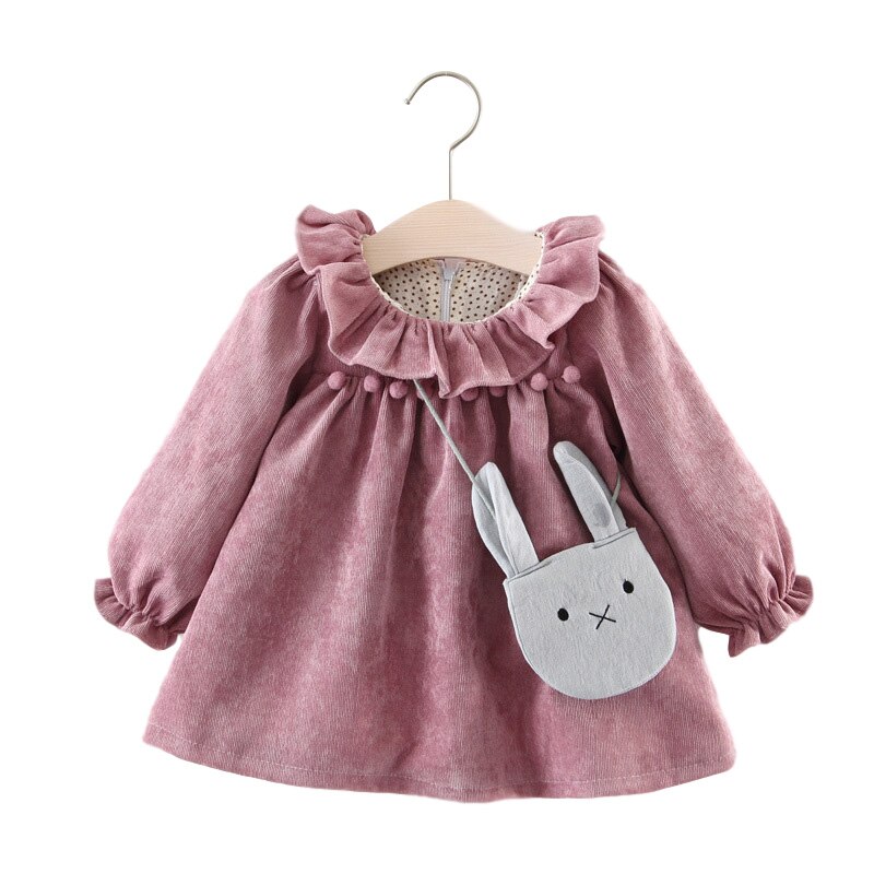 Primavera autunno bambino ragazza vestire abbigliamento per bambini puro cotone a maniche lunghe tinta unita tunica base abito da principessa borsa regalo gratuita: VIOLA / 18-24M