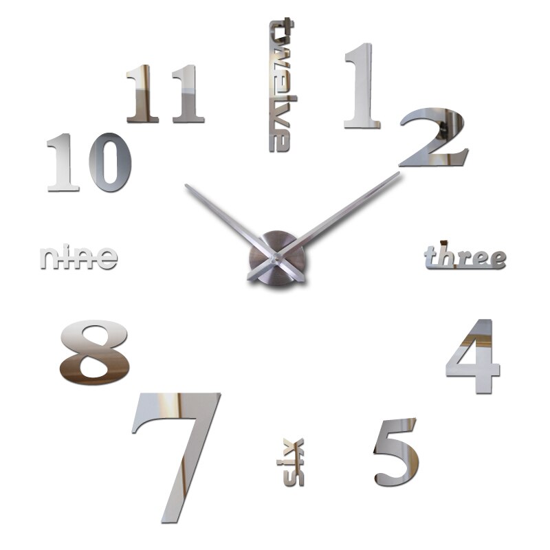 Neue wanduhr uhren reloj de gekürzt uhr 3d diy Acryl spiegel Aufkleber Quarz Moderne Heimat Dekoration freies: Silber / 47Zoll