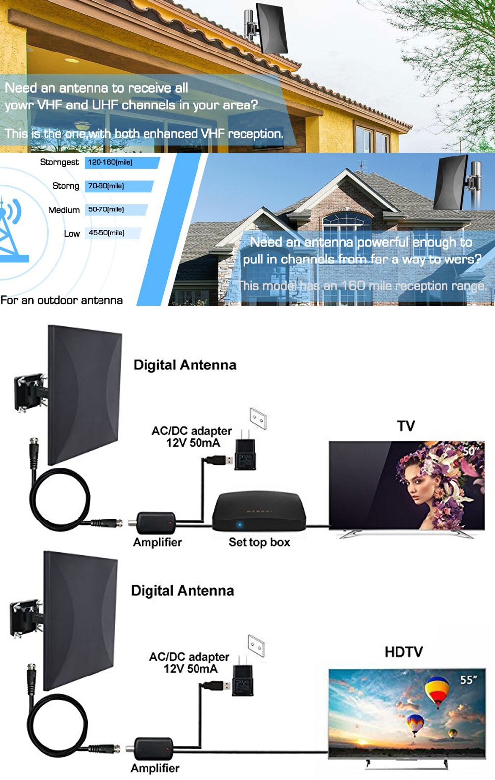 318A160-mile outdoor amplified TV antenna with 32.8ft coaxial tv cable upgraded omnidirectional HD TV antenna telescopic antenna