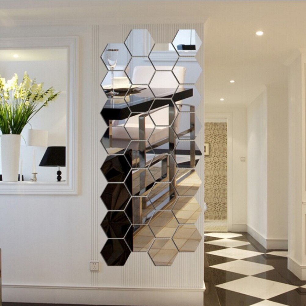 Autocollants muraux 3D en forme de nid d'abeille, 12 pièces, miroir acrylique, décoration de chambre à coucher, décoration de la maison