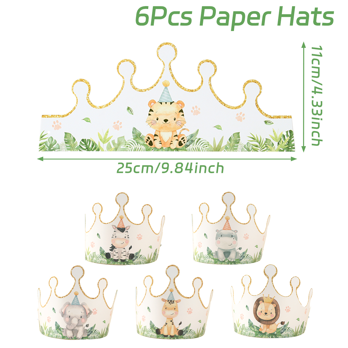 6pcs Cartoon Jungle Animal Party Paper Caps Crown Party Hats For Kids Wild One Birthday Party Woodland Baby Shower Supplies