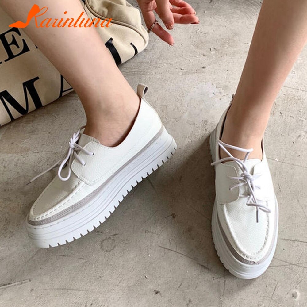 Zapatos de plataforma plana con punta redonda y cordones para mujer, de tacón bajo sólido Blanco, informales, con estilo, talla grande 39, novedad