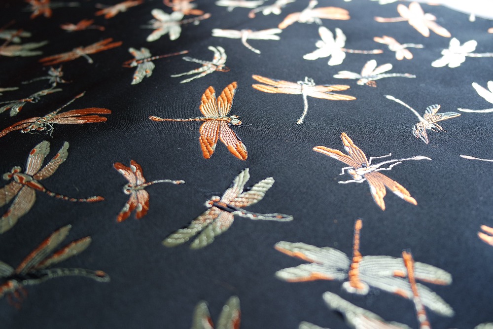 chinese traditional silk brocade fabric black back with yellow and light gold colorful dragon fly dragonfly pattern