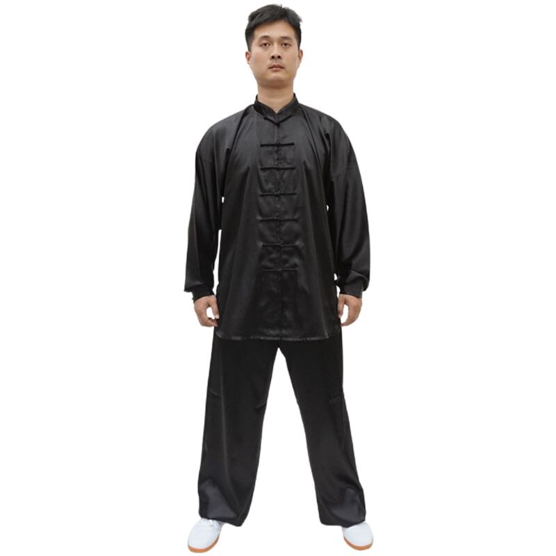 Frauen Männer Nachahmung die Seide Kung Fu Uniform Kampfkunst Tai Chi Kleidung Langarm Anzug Wushu Leistung Tragen Trainingsanzug: Schwarz / 175