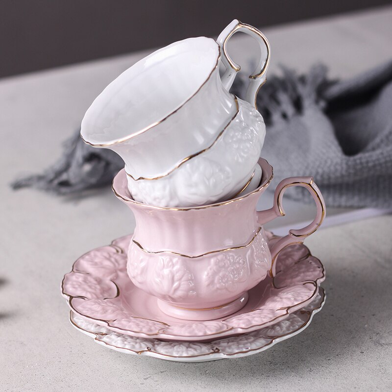 Taza de café de cerámica rosa, escultura creativa, juego de platillo, tazas de té chapadas en oro de flores, tazas europeas Kubek de porcelana, AC50BD