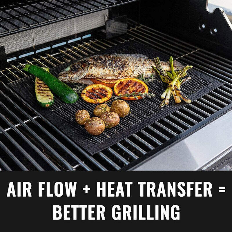 Grill Mat BBQ Grill Mesh Mat Non-Stick Cooking Sheet Liner With Side Heat Resistance Barbecue Cooking Mat Set For Outdoor Baking