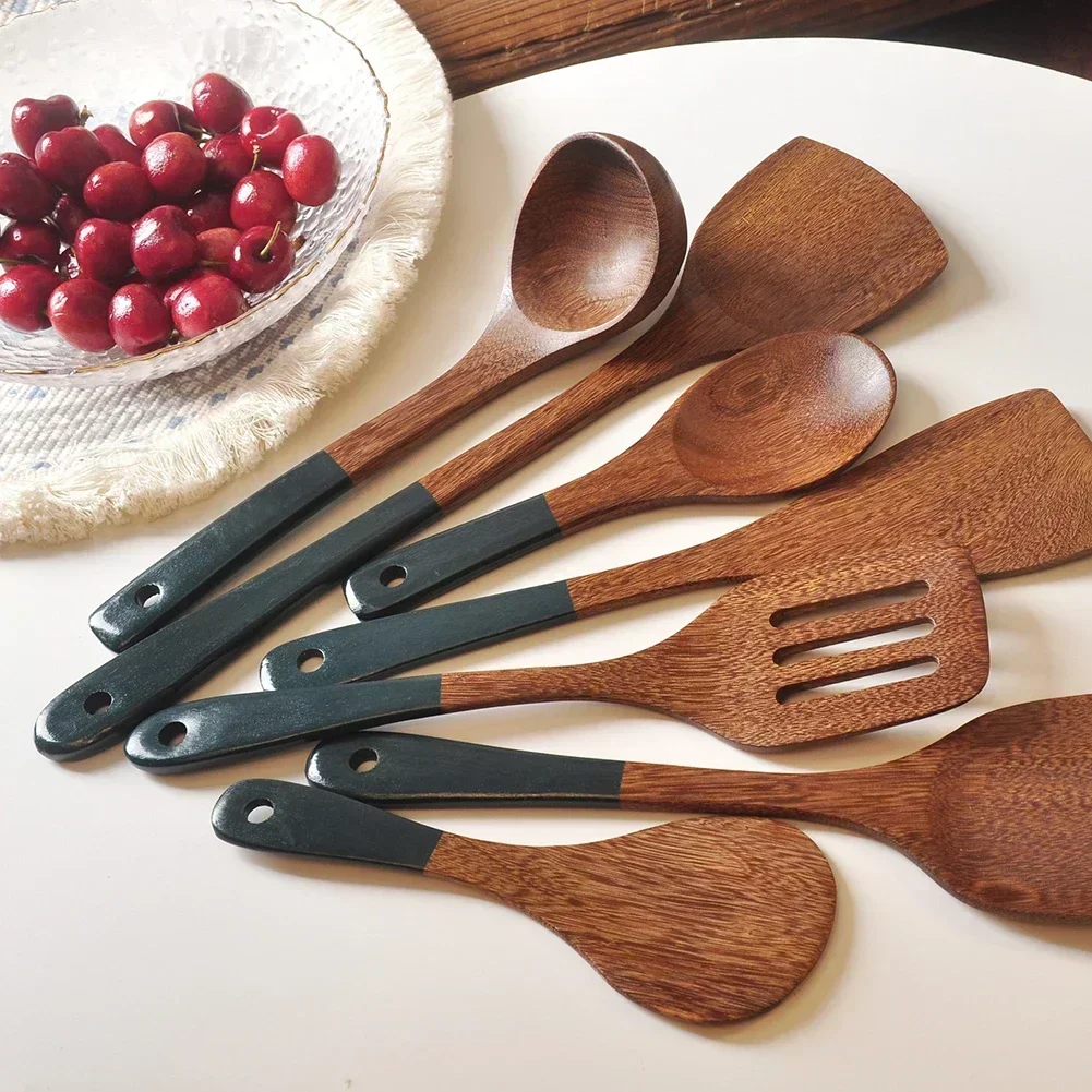 Köksutrustning i trä med långa handtag spatel ris skopa grönsak kött matlagning spade mixerskedar för nonstick pan köksredskap