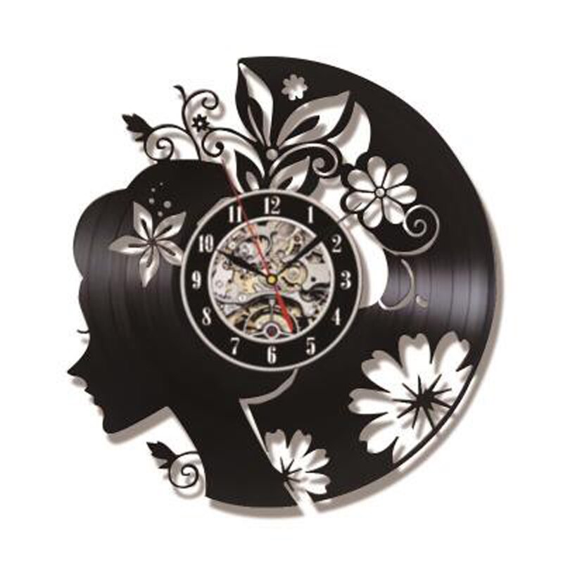 Blume Mädchen Vinyl aufzeichnen Wanduhr LED Beleuchtung Zauberstab Kunst Dekor Jahrgang retro 3D Uhren Zauberstab Uhr Wohnkultur Geburtstag