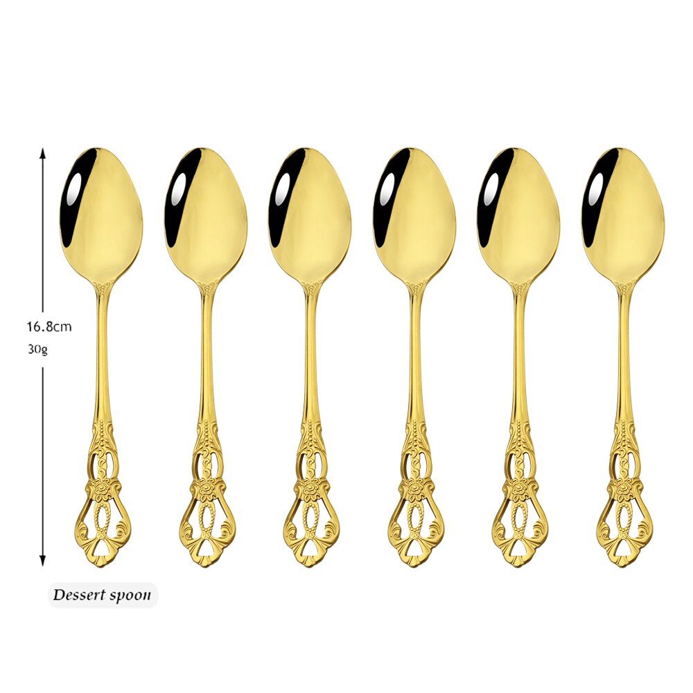 Drmfiy 6/30Pcs Silver Dinnerware Set Knife Dessert Fork Spoon Flatware Stainless Steel Cutlery Kitchen Silverware Tableware Set: 6Pcs Gold
