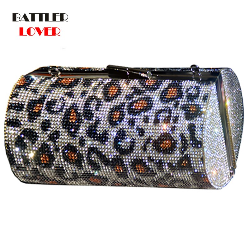 Luxury Brands Leopard Rhinestone Purse Diamond Cylindrical Cluch Evening Bag for Women Wedding Party Handbag