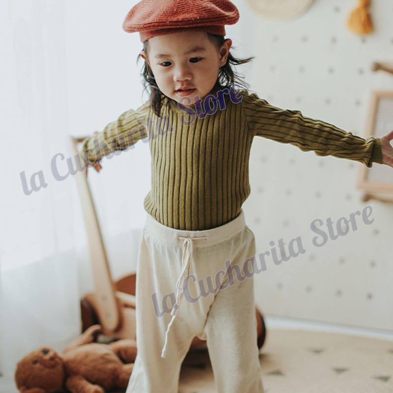 Autumn Winter Girls Boys Knitted Top Skinny Rib Loungewear Long Sleeve Sweater Tight-fitting Kids Solid Knitted Underwear Top