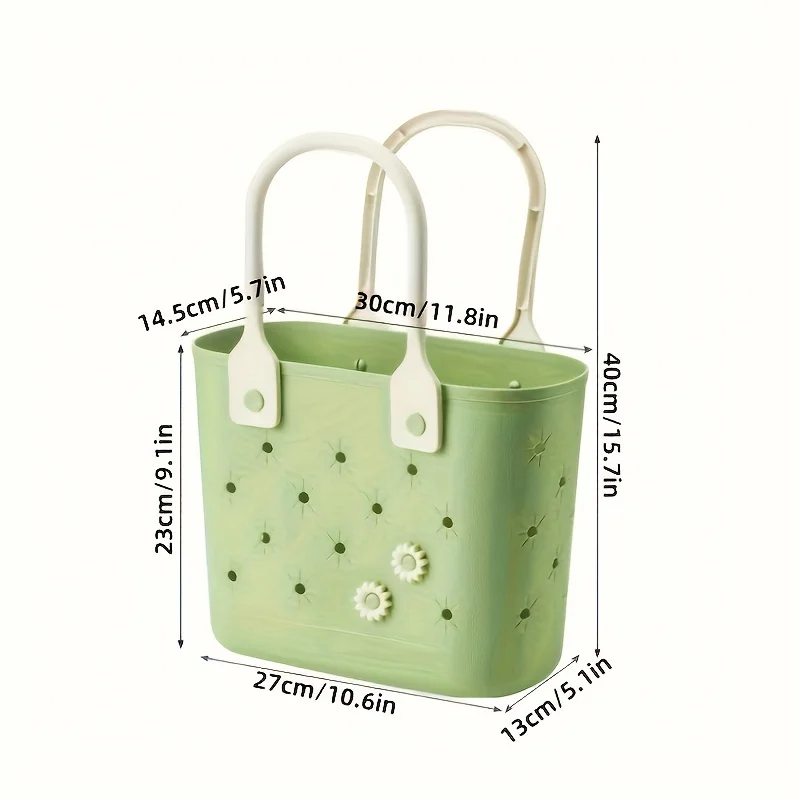 Robust plastik strandtaske med bløde grønne håndtag | trendy stjerneprint | multifunktionel opbevaring til strand, fitnesscenter og camping