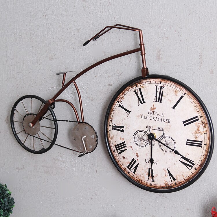 Amerikansk stil retro smidesjärn cykel klocka väggklocka vintage gammal cykel väggdekoration stum klocka prydnader wal