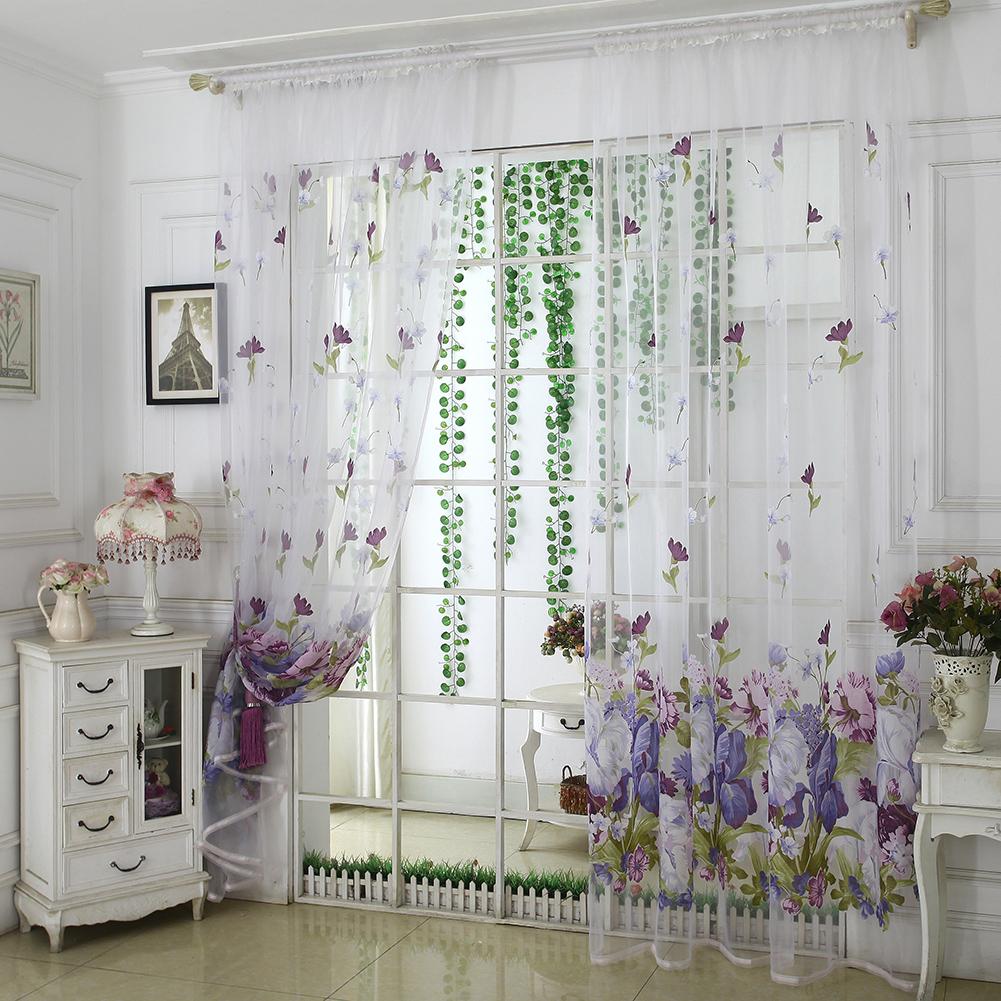 1Pc/2Pcs Soft Curtain 1*2m / 1*2.7m Lightweight Voile Curtain Reusable Polyester Peony Flower Printed Curtain Room Decoration