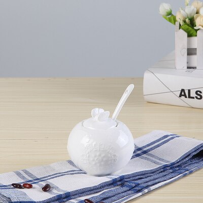 Tazón de azúcar de porcelana en relieve blanco liso con cuchara, contenedor de azúcar, tarro de azúcar, dispensador de azúcar de cerámica, tarro de sucrier con cuchara: A 1pc