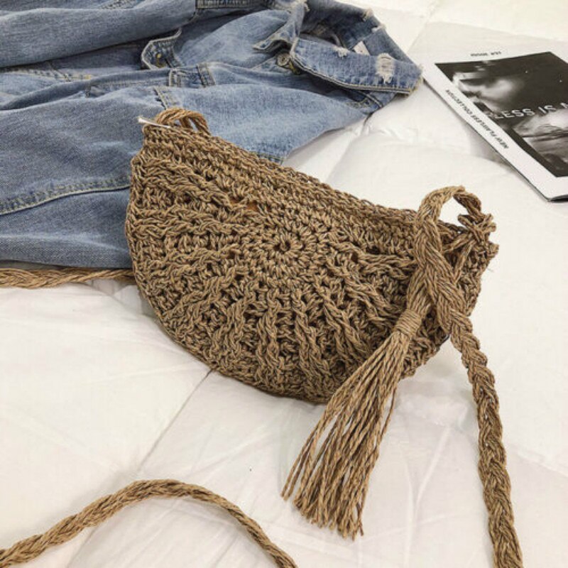 Bolsa de paja de bolso de hombro para mujer bolso de mimbre tejido a mano bolso de playa casual: Caqui