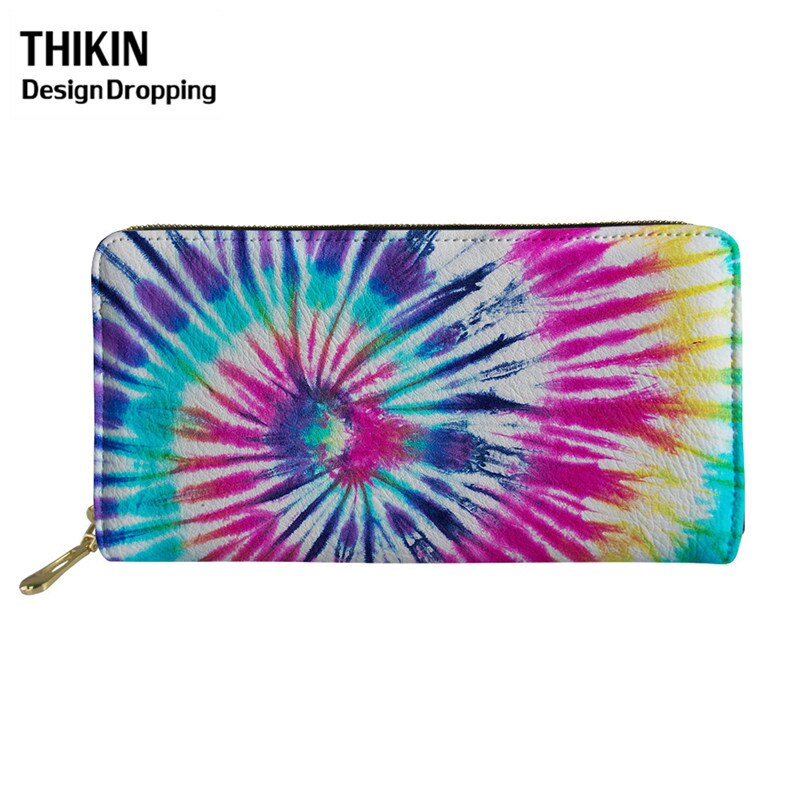 THIKIN Colorful Tie-dye Pattern Women Leather Wallet Ladies Travel Long Purse Phone Bag Daily Capacity Coin Bags: Gold