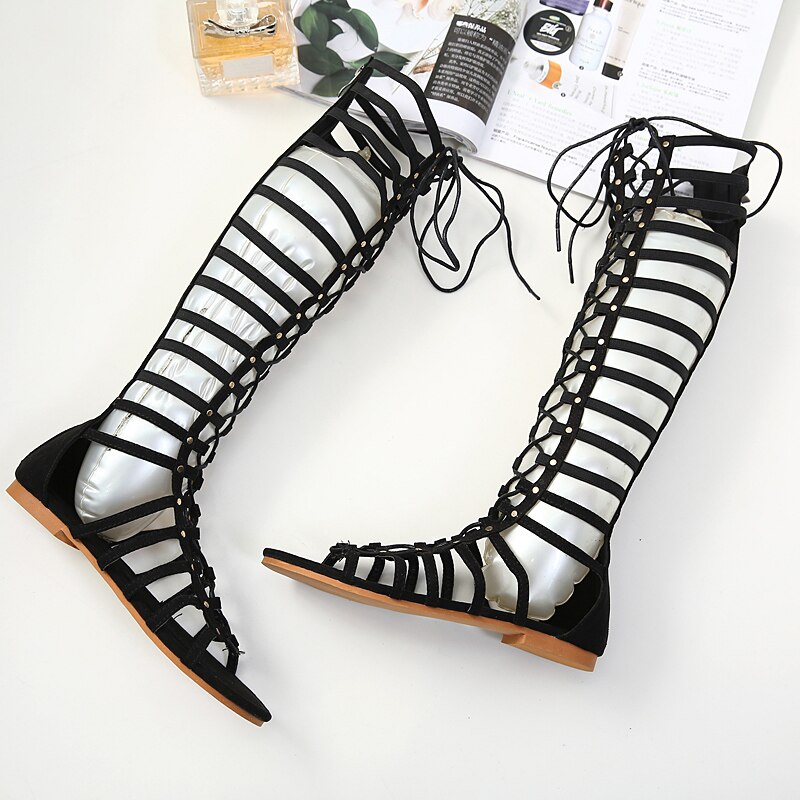 NIUFUNI Leather Women's Lace Up Sandals Strappy Peep Toe Knee High Back Zip Gladiator Flats Sandals Roman Bandage Casual Shoes