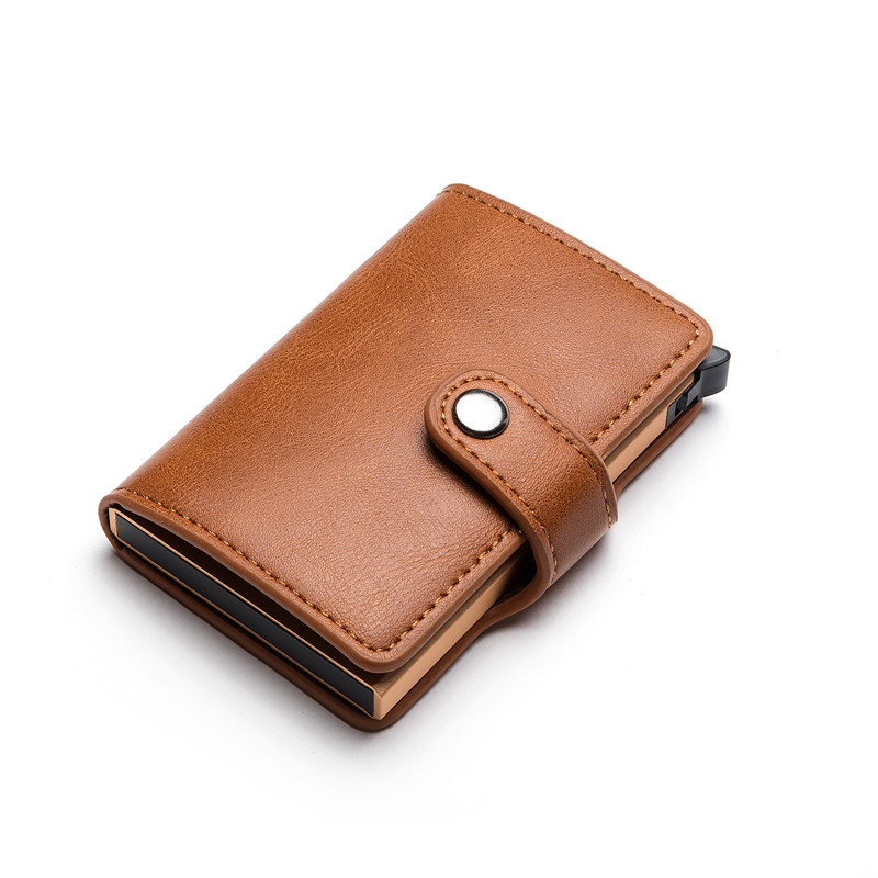 BISI GORO Hasp PU Leather Casual Card Holder Protector Smart Wallet Metal RFID Aluminum Box Slim Men Women Card Case: Brown YM015