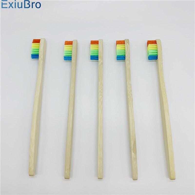 ExiuBro Rainbow Bristle Vegan Free Bamboo Toothbrush Flat Handle Biodegradable Bamboo Tooth brush Eco friendly Bamboo Handle