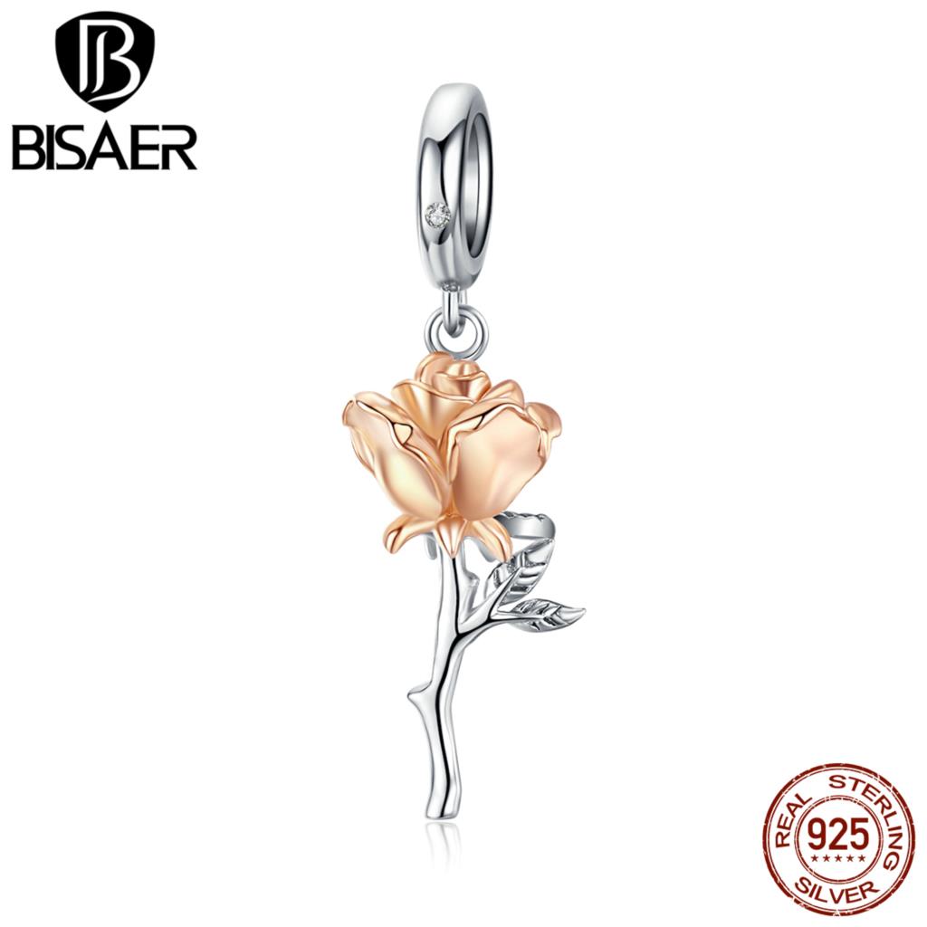 Rose Flowers Beads BISAER 925 Sterling Silver Blooming Rose Flower Charms Beads fit DIY Bracelets & Bangles Accessories EFC145