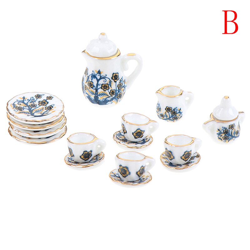 4 patronen 1:12 Miniatuur 15Pcs Porseleinen Kopje Thee Set Sits Bloem Servies Keuken Poppenhuis Meubels Speelgoed Voor Kinderen: B