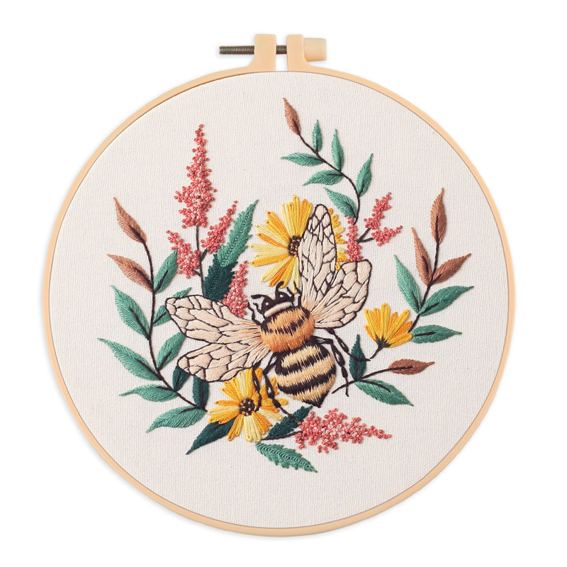 Borduurpakket met bijen en bloemen, geschikt voor beginners, met engelse instructies.: 20*30cm / Lichtgrijs