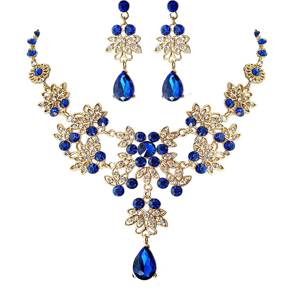 Ensemble de bijoux rétro Baroque pour mariée, collier, boucles d&#39;oreilles, diadèmes, couronne, vert, bleu, perles africaines: 2Pcs Blue  Set