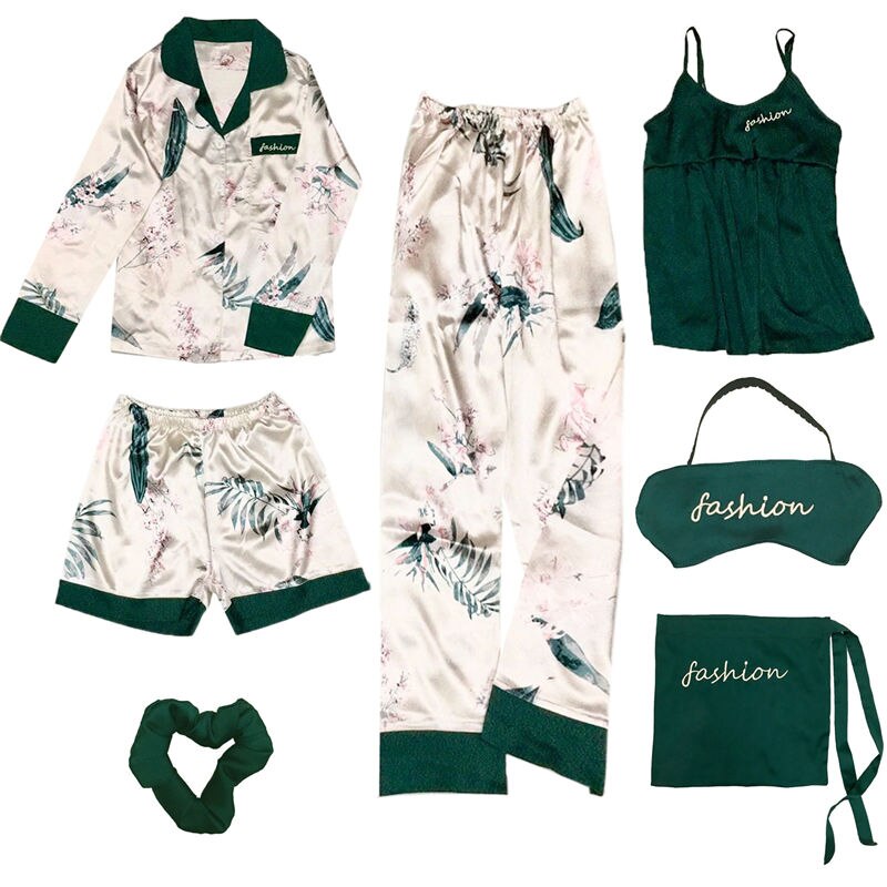 Summer Autumn Winter 7 Pieces Set Cotton Women Pajamas Full Shorts Long Sleeve Top Elastic Waist Pants Silk Lounge Robe: 7jianlvbianbaihehua / XL