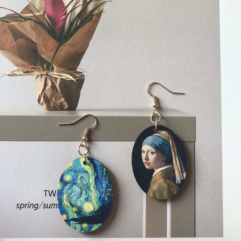 Piger kvinder øreringe renæssance oliemaleri kunst van gogh& #39 ;s stjerner perle træ øreringe johannes vermee smykker