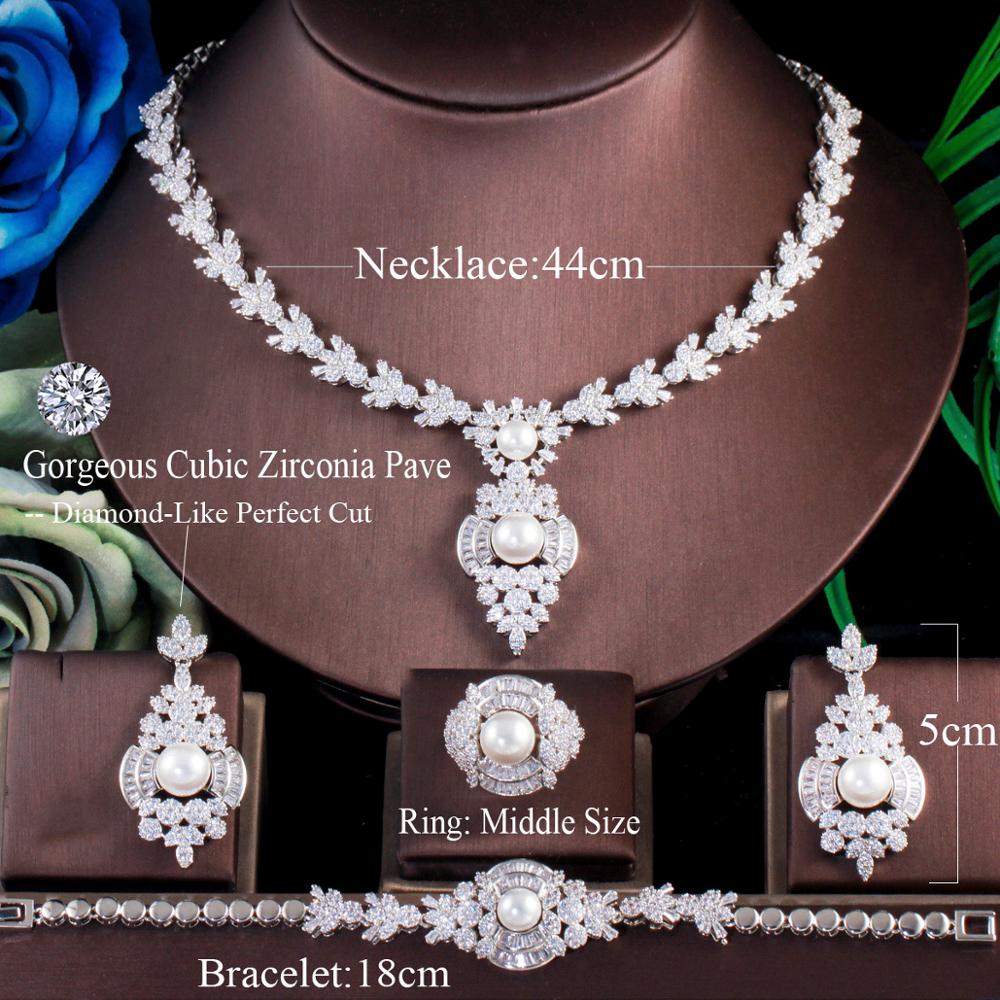 ThreeGraces Top Cubic Zirconia White Gold Color 4Pcs European Big Pearl Wedding Jewelry Set for Women Banquet Prom TZ567