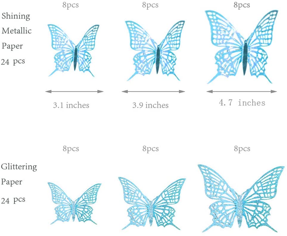 48PCS Teal Hollow 3D Butterfly Wall Sticker Glitter Paper Butterflies Wall Decal Removable Sticker Butterflies Theme Cake Decor: Style E