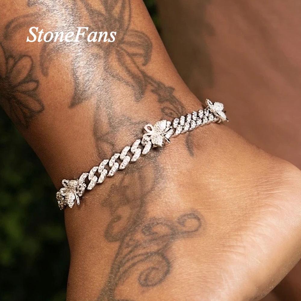 Stonefans Leuke Cubaanse Vlinder Enkelbandje Roestvrij Staal Voor Vrouwen Hip Hop Chunky Cubaanse Enkelbandje Armband Rhinestone Iced Out Sieraden