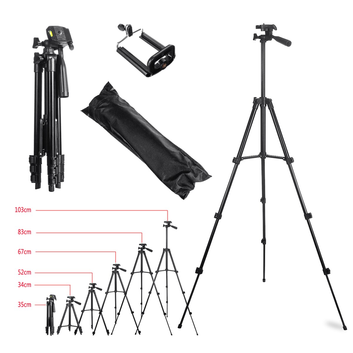 Portable 36-100 cm Tripod Stand With Rocker Arm Adjustable For Camera Phone Mount Holder Clip Bracket Set For Cell Phone Camera