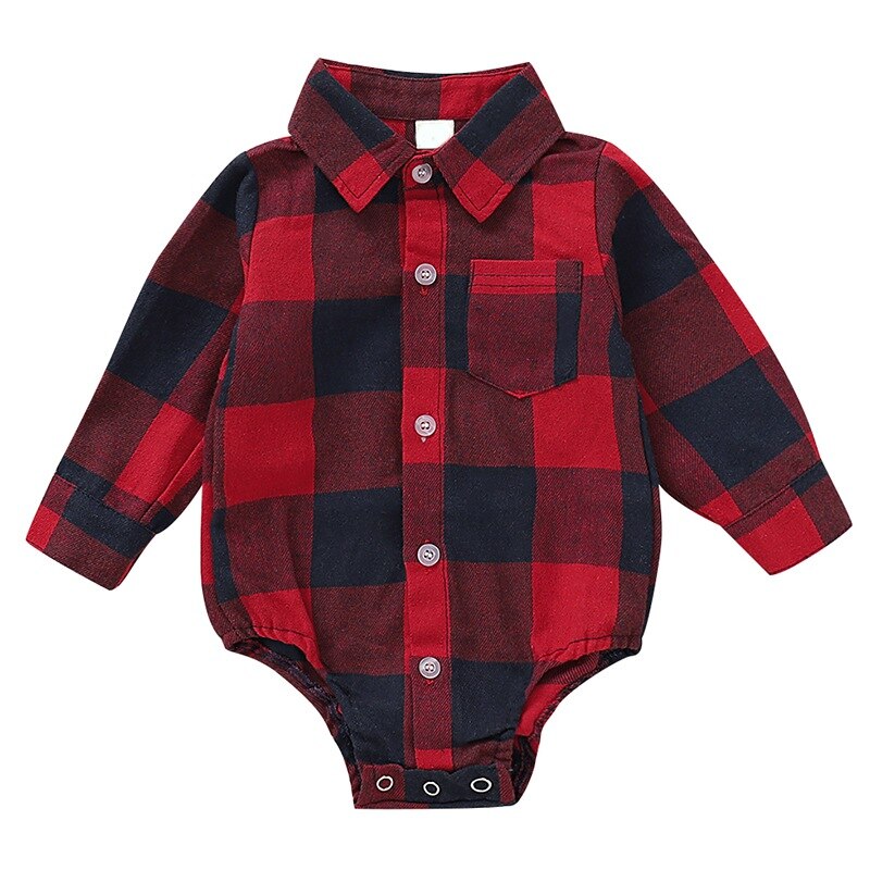 Baby piger drenge langærmet plaid print romper efterår spædbarn børn bodysuit jumpsuit outfits: Rød / 12m