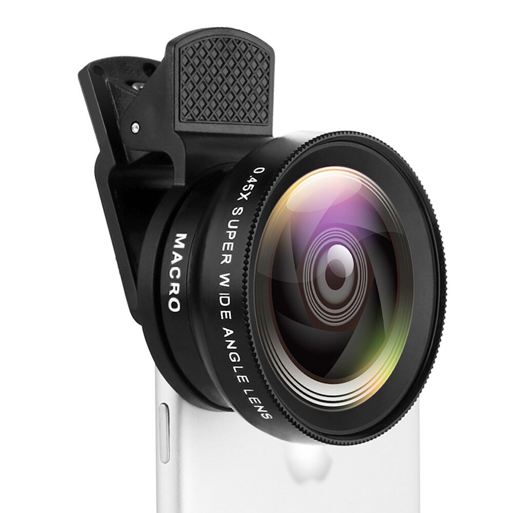 Lente de teléfono móvil con 2 funciones, lente gran angular de 0,45x y macro hd de 12,5x, cámara universal con clip de lente para teléfono iphone y android: Black